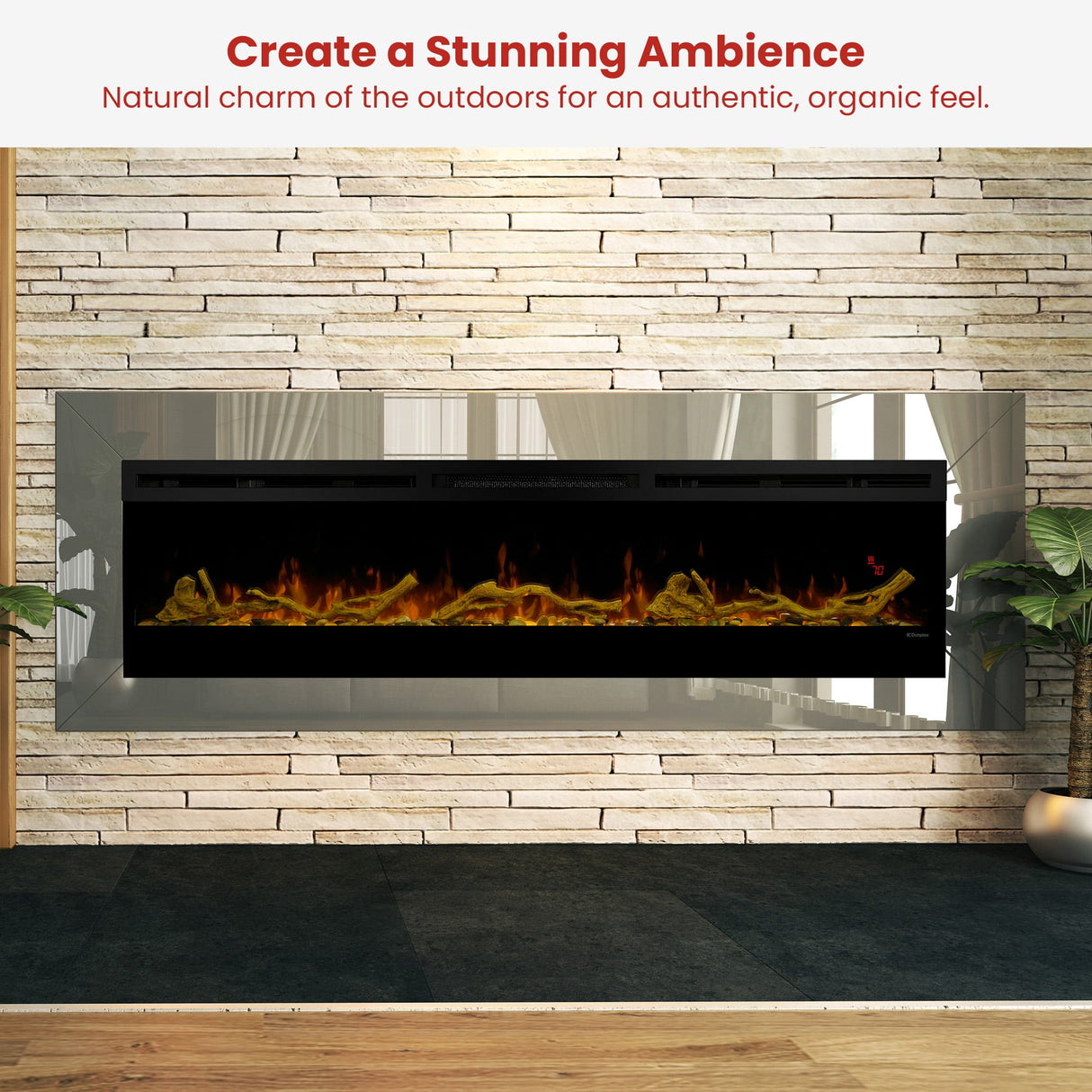 Layered arrangement of driftwood and river rocks across the fireplace base