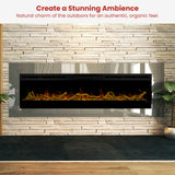 Layered arrangement of driftwood and river rocks across the fireplace base