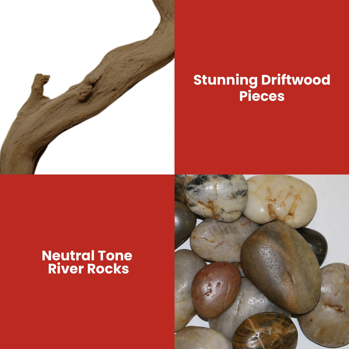 Full contents of the driftwood and river rock fireplace accessory kit