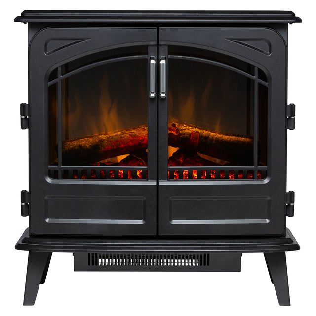Matte black electric fire stove heater with LED log flame effect and opening double doors