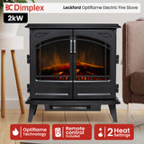 Front view of 2 kW electric stove heater showing glowing LED log fuel bed