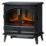 Angled view of cast iron effect electric stove heater in matte black