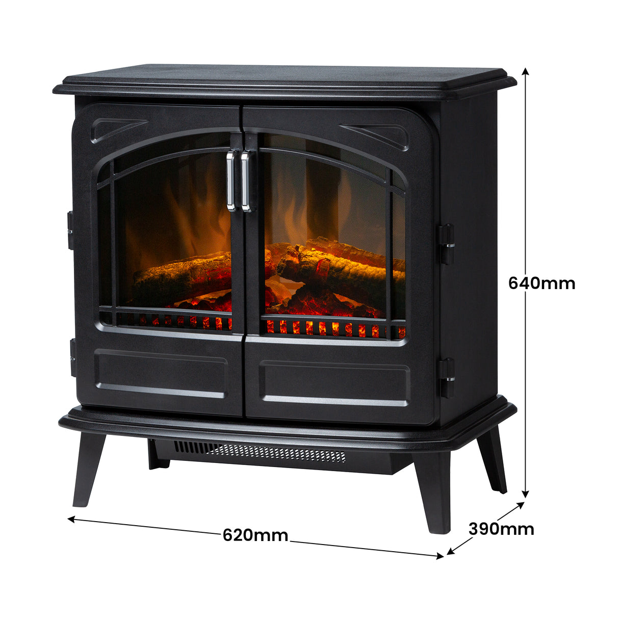 Electric stove heater with double doors open showing the log fuel bed