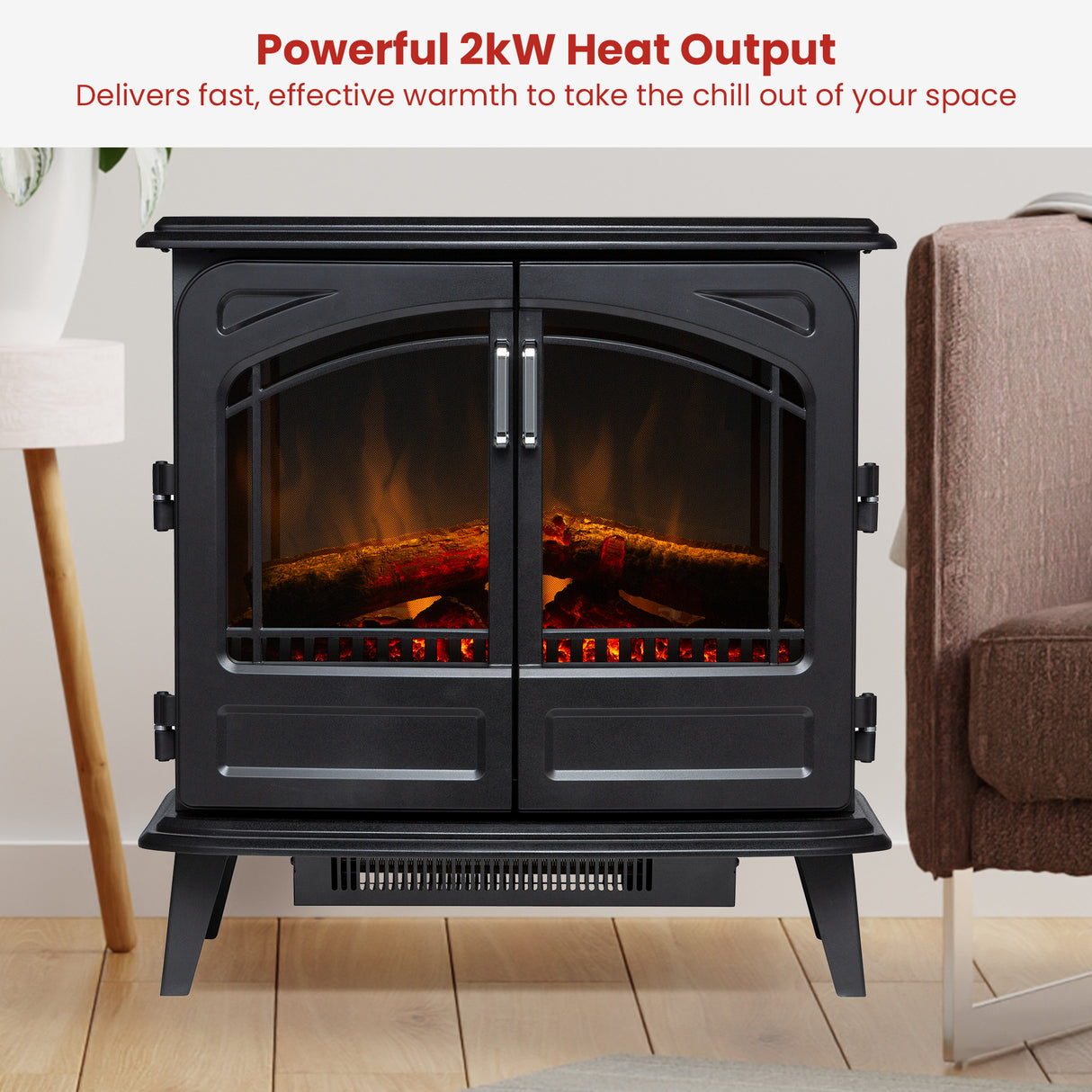 Electric stove heater styled in a lounge room with flame effect on