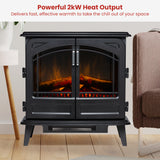 Electric stove heater styled in a lounge room with flame effect on