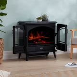 Rear and side detail of the compact freestanding electric stove heater