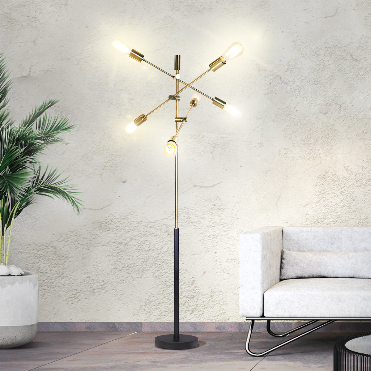 Six light Sputnik floor lamp in antique brass