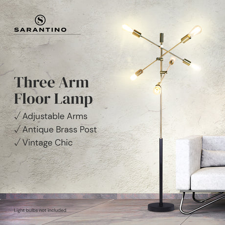 Six light Sputnik floor lamp in antique brass
