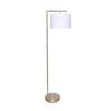 Modern arc floor lamp with brass finish and white drum shade