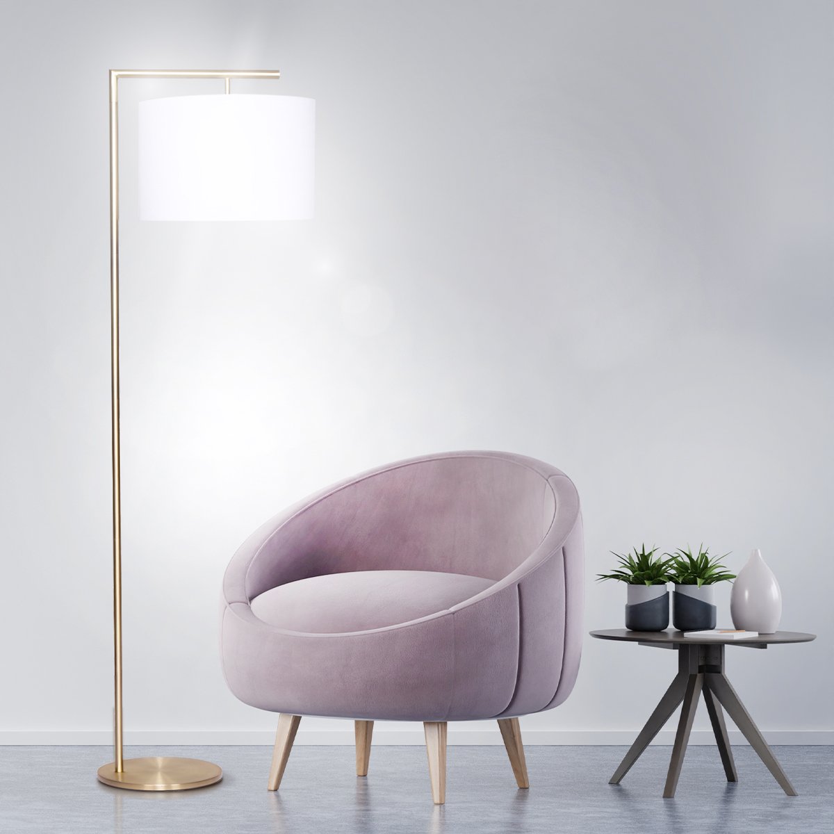 Modern arc floor lamp with brass finish and white drum shade