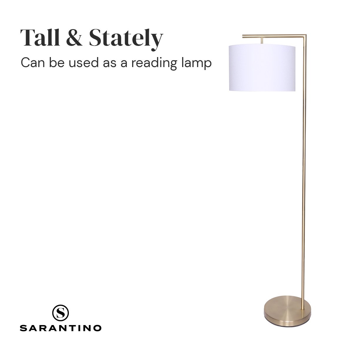 Modern arc floor lamp with brass finish and white drum shade