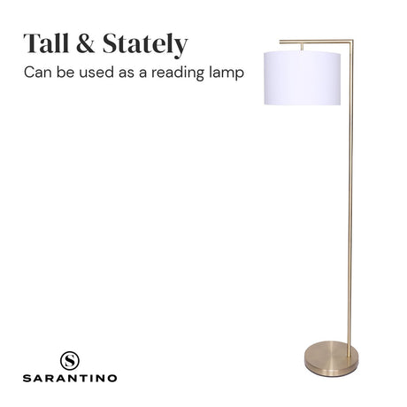 Modern arc floor lamp with brass finish and white drum shade