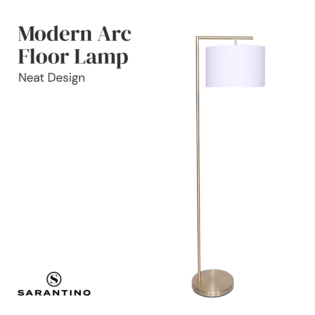 Modern arc floor lamp with brass finish and white drum shade