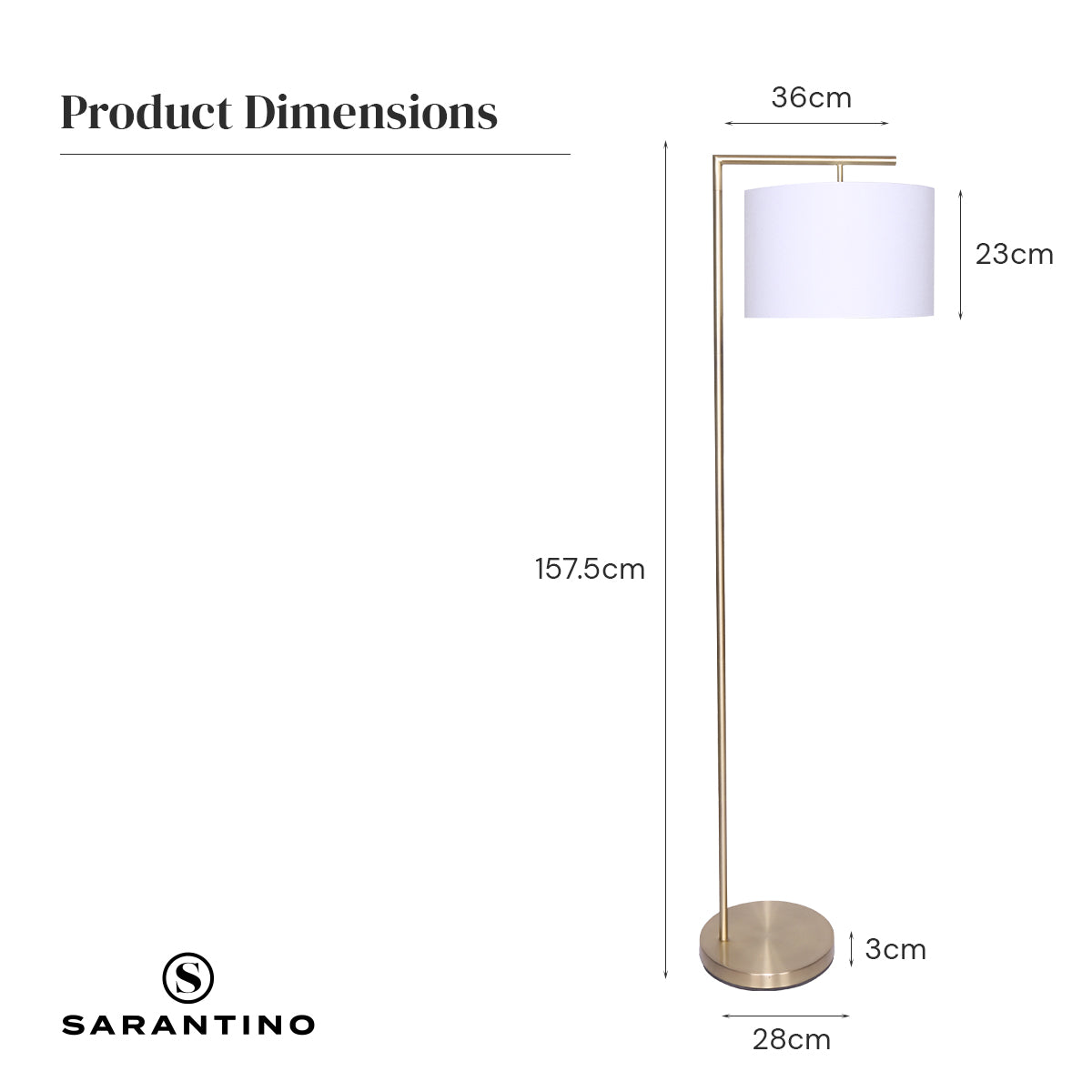 Modern arc floor lamp with brass finish and white drum shade