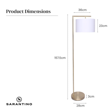 Modern arc floor lamp with brass finish and white drum shade