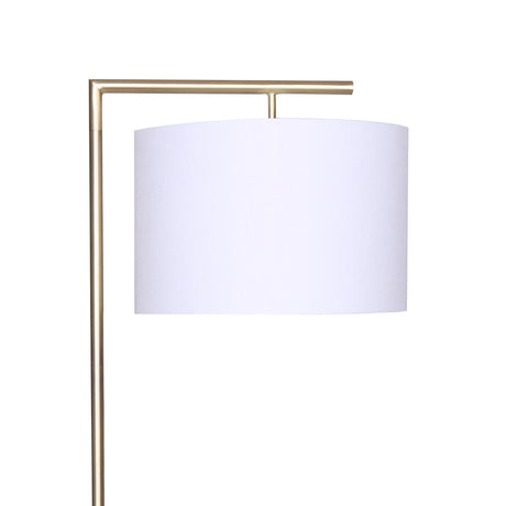 Modern arc floor lamp with brass finish and white drum shade