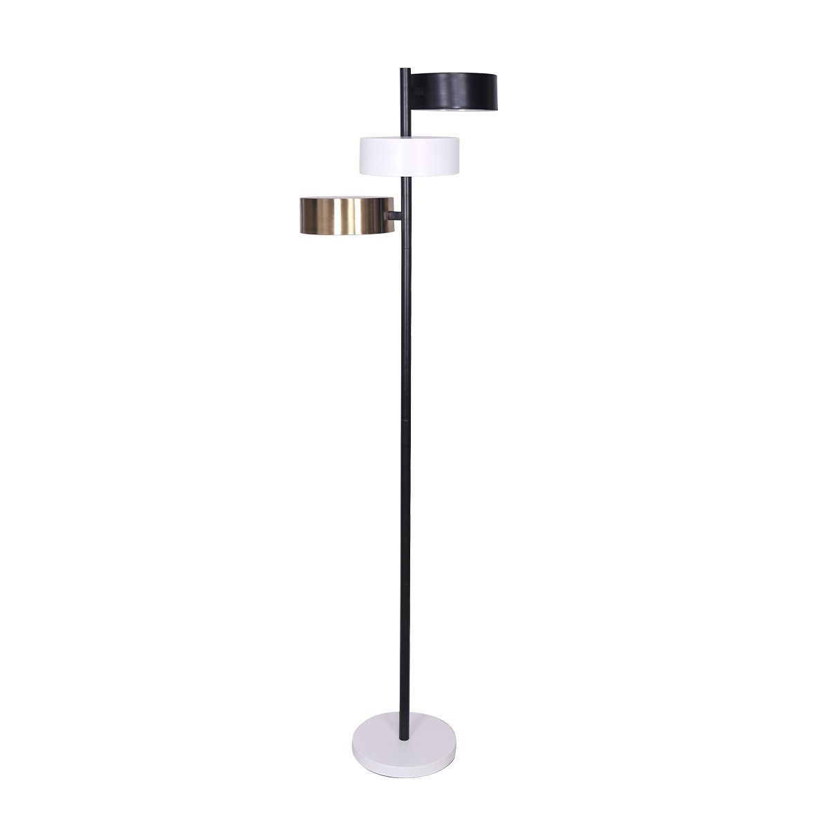 Mid century tree floor lamp with three shades in black, white and gold