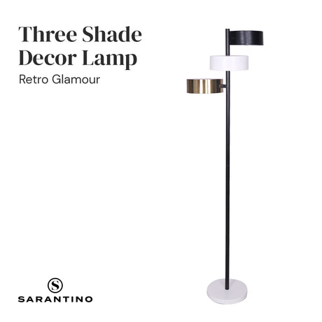 Mid century tree floor lamp with three shades in black, white and gold