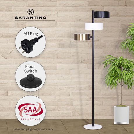 Mid century tree floor lamp with three shades in black, white and gold