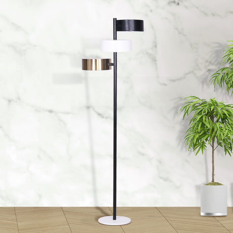 Mid century tree floor lamp with three shades in black, white and gold