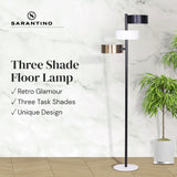 Mid century tree floor lamp with three shades in black, white and gold