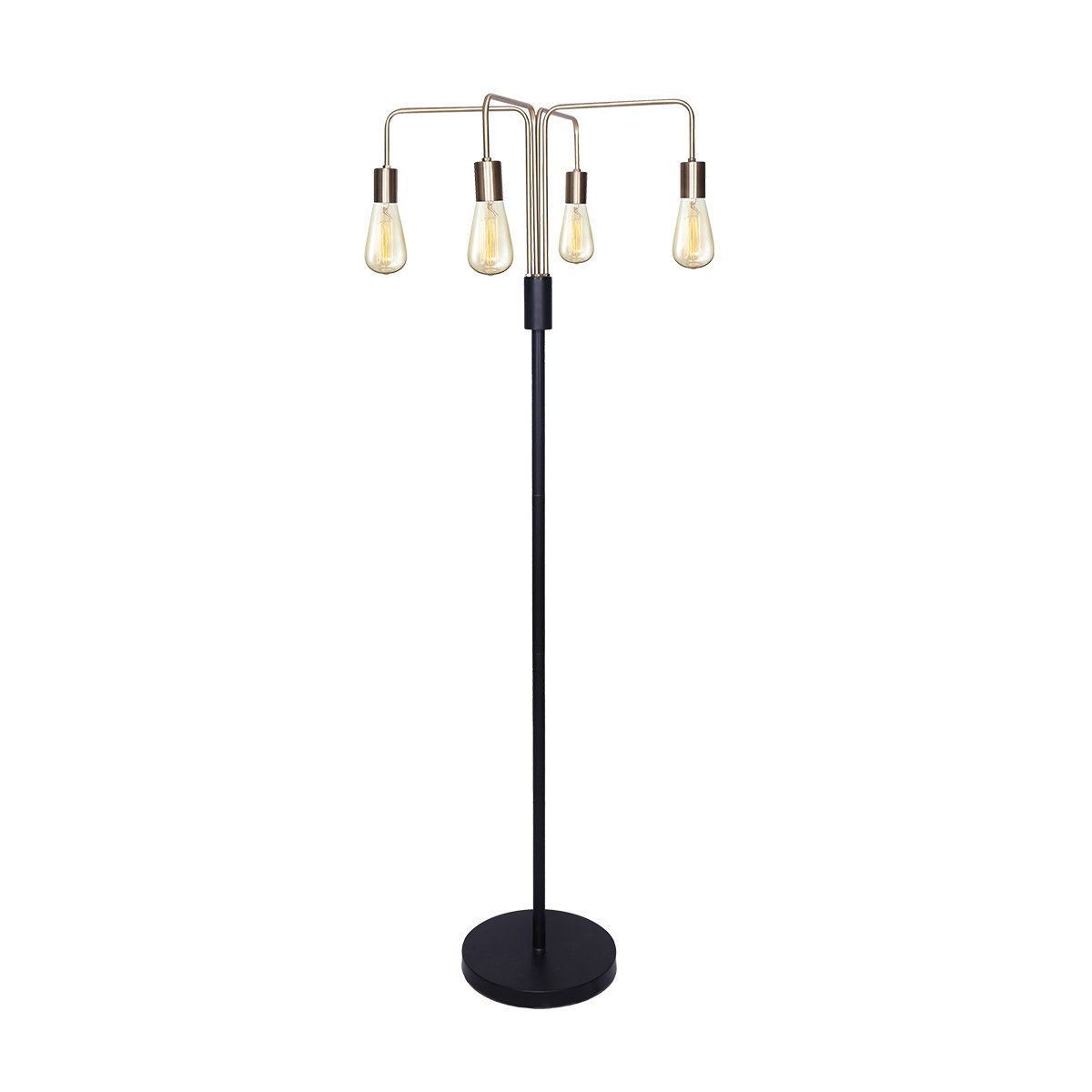 Industrial four arm floor lamp with exposed bulbs in antique brass and matte black