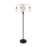 Industrial four arm floor lamp with exposed bulbs in antique brass and matte black