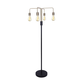 Industrial four arm floor lamp with exposed bulbs in antique brass and matte black