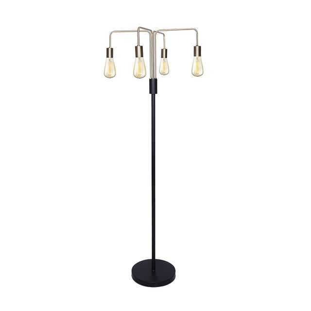 Industrial four arm floor lamp with exposed bulbs in antique brass and matte black