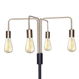 Industrial four arm floor lamp with exposed bulbs in antique brass and matte black
