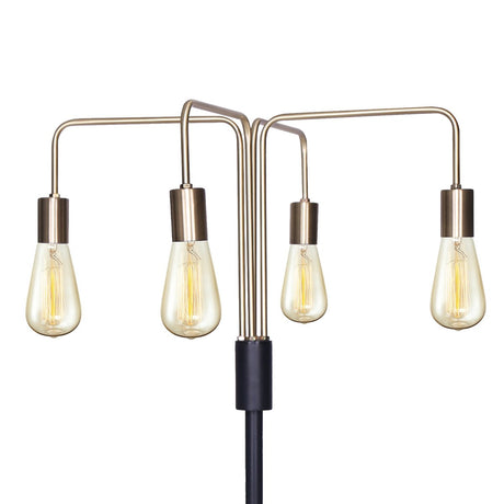 Industrial four arm floor lamp with exposed bulbs in antique brass and matte black