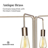 Industrial four arm floor lamp with exposed bulbs in antique brass and matte black