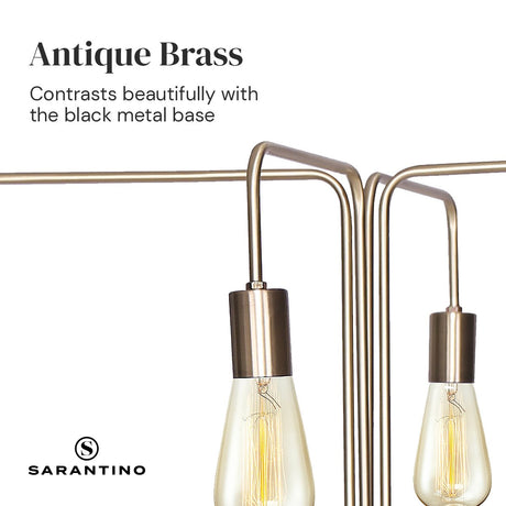 Industrial four arm floor lamp with exposed bulbs in antique brass and matte black