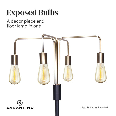 Industrial four arm floor lamp with exposed bulbs in antique brass and matte black