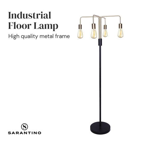 Industrial four arm floor lamp with exposed bulbs in antique brass and matte black