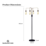 Industrial four arm floor lamp with exposed bulbs in antique brass and matte black