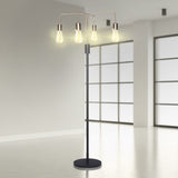 Industrial four arm floor lamp with exposed bulbs in antique brass and matte black
