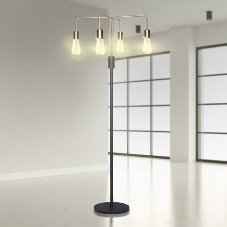 Industrial four arm floor lamp with exposed bulbs in antique brass and matte black