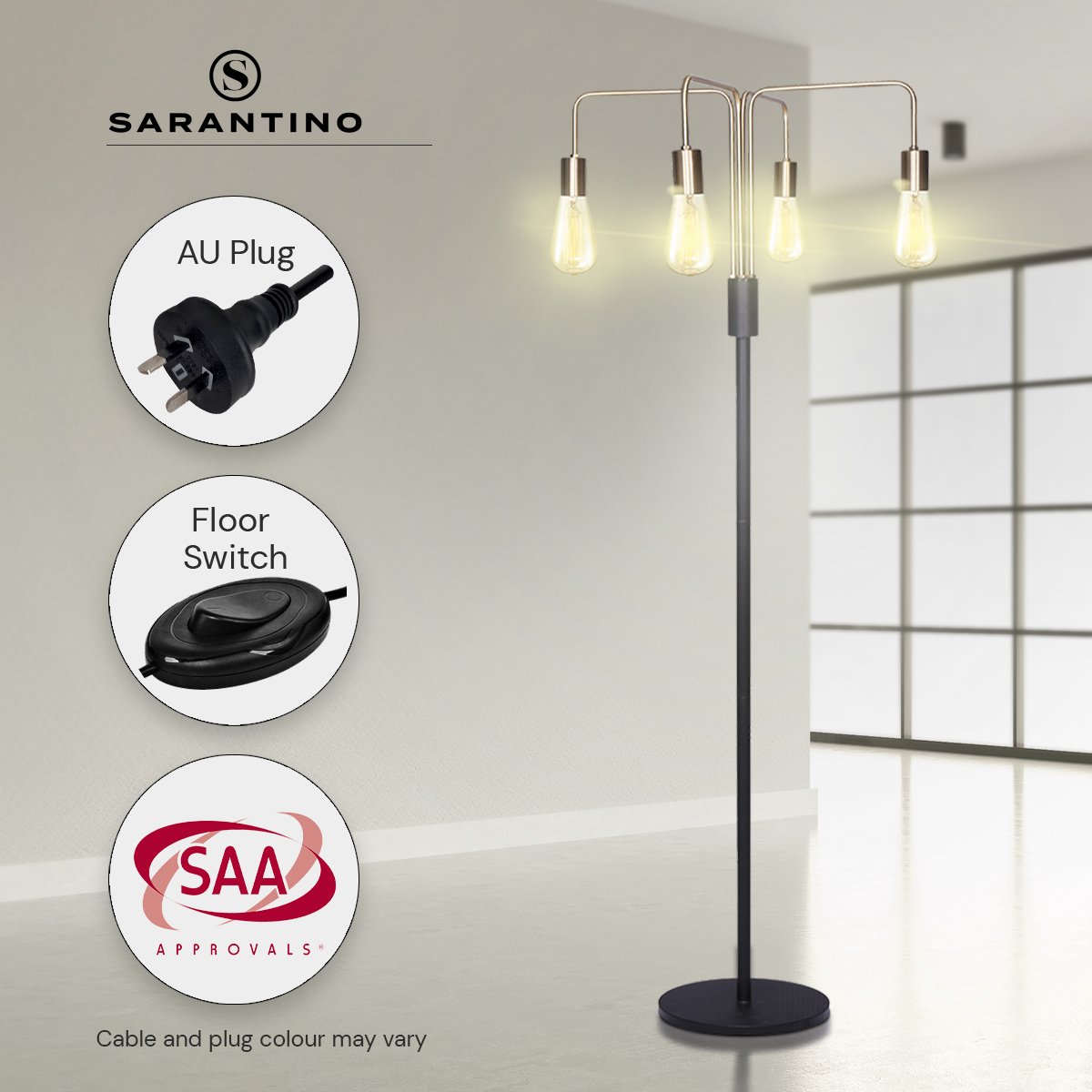 Industrial four arm floor lamp with exposed bulbs in antique brass and matte black