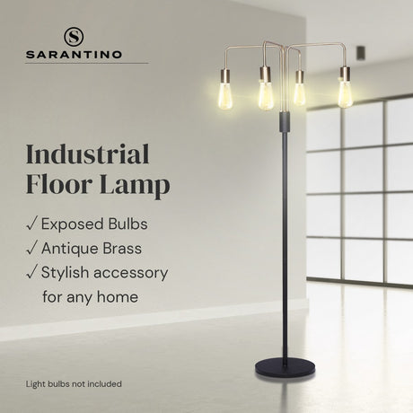 Industrial four arm floor lamp with exposed bulbs in antique brass and matte black