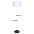Metal floor lamp with round wood shelves and white drum shade