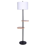Metal floor lamp with round wood shelves and white drum shade
