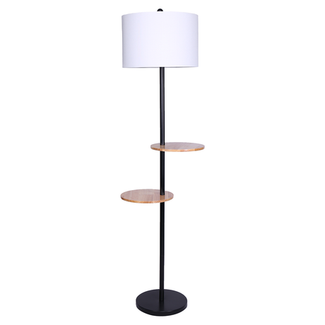 Metal floor lamp with round wood shelves and white drum shade