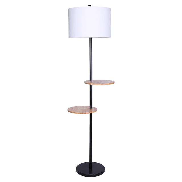 Metal floor lamp with round wood shelves and white drum shade