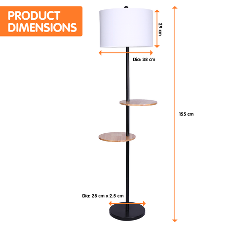 Metal floor lamp with round wood shelves and white drum shade