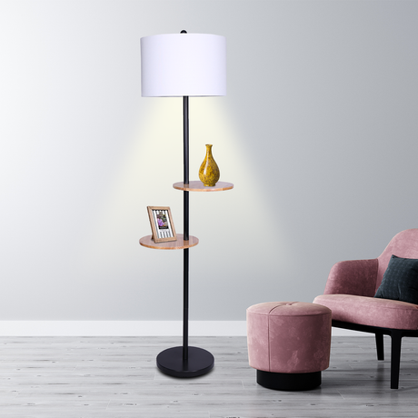 Metal floor lamp with round wood shelves and white drum shade