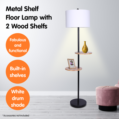 Metal floor lamp with round wood shelves and white drum shade