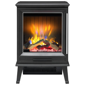 Matte black 2 kW portable electric fire stove with 3D flame effect and log fuel bed