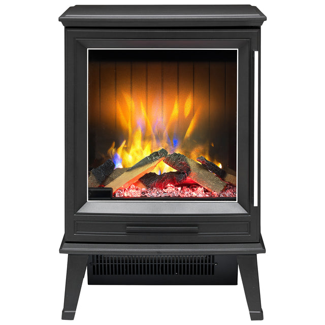 Matte black 2 kW portable electric fire stove with 3D flame effect and log fuel bed