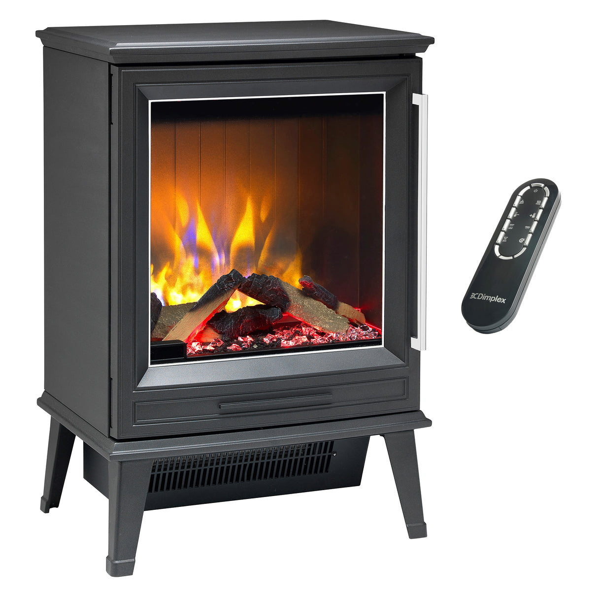 Blue flame effect option shown on the matte black electric fire stove
